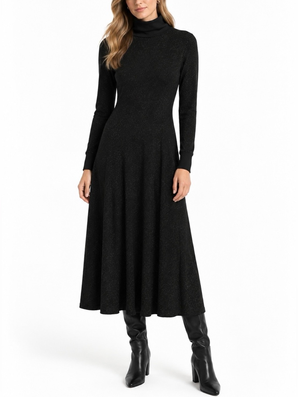 Lauren Ralph Lauren Thermal Knit Black Metallic Fit and Flare Dress XL Classic